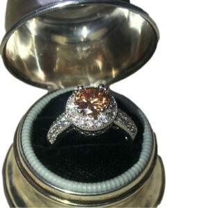 SILVER Tone Simulated Morganite Halo Ring w Filigree Setting Sturdy Costume 4.75